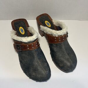 Dr Scholl’s Clog Mules Denim Studded Fleece Size 9M Winter Mules VTG MI Brazil